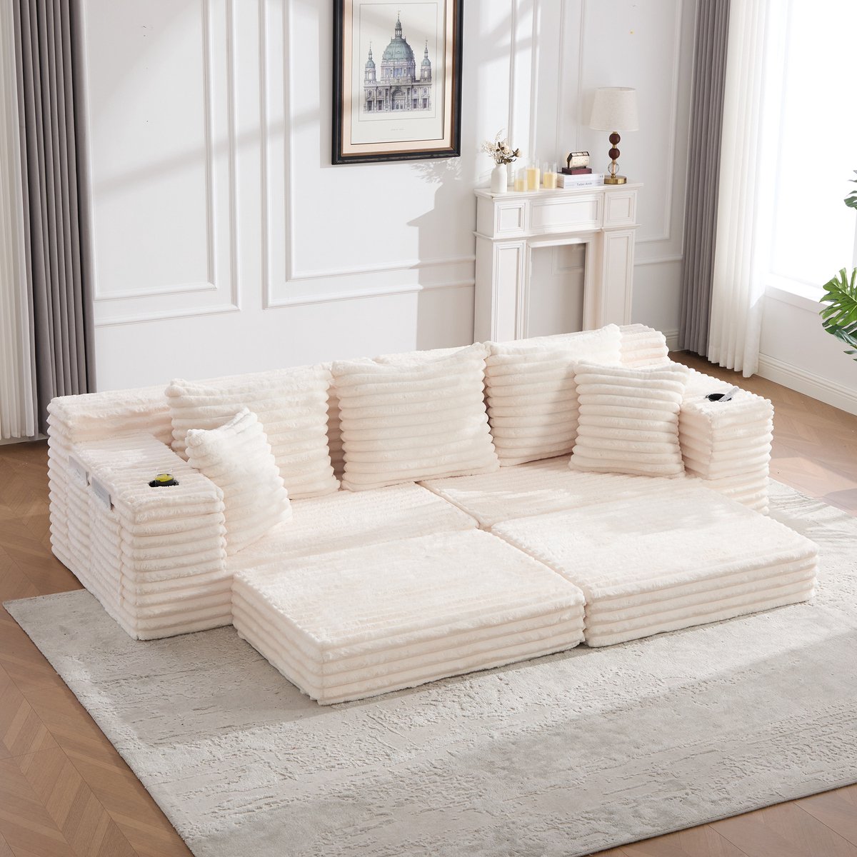 DESMIU Slaapbank 273 x 98 x 87 Cm - Hoge Rugleuning Met Extra Kussens, Zijvakken En Bekerhouders - Voor Woonkamer Of Logeerkamer - Cordstof Beige