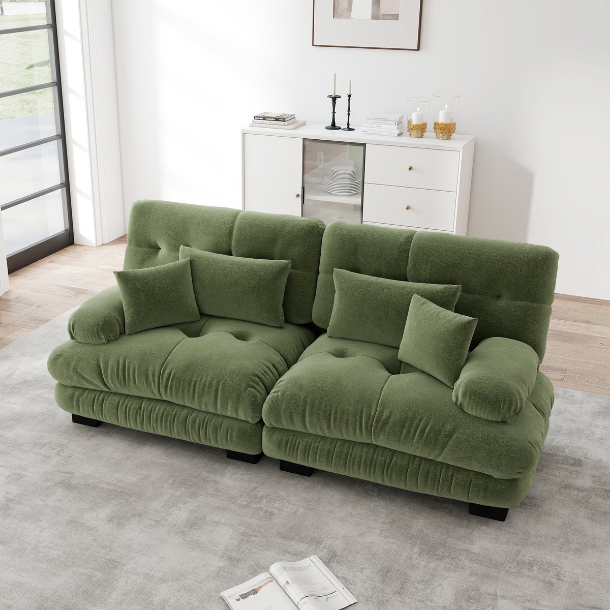 DESMIU Zitbank 220 Cm - Cloud 2-Zits Met Lendenkussens En Sierkussens - Voor Woonkamer En Appartement - Chenille Groen