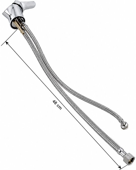 Chroom keukenkraan met twee flexibele RVS aansluitslangen van 48 cm.