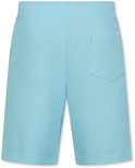 Achterkant turquoise short met wafelpatroon, trekkoord en achterzak.