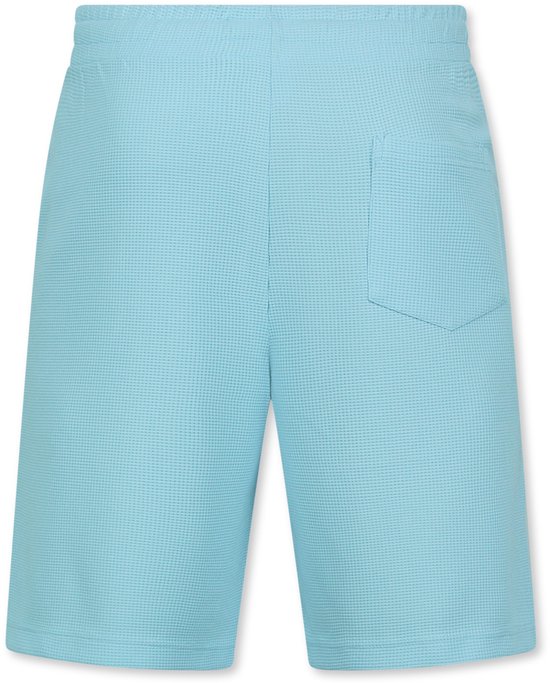 Achterkant turquoise short met wafelpatroon, trekkoord en achterzak.