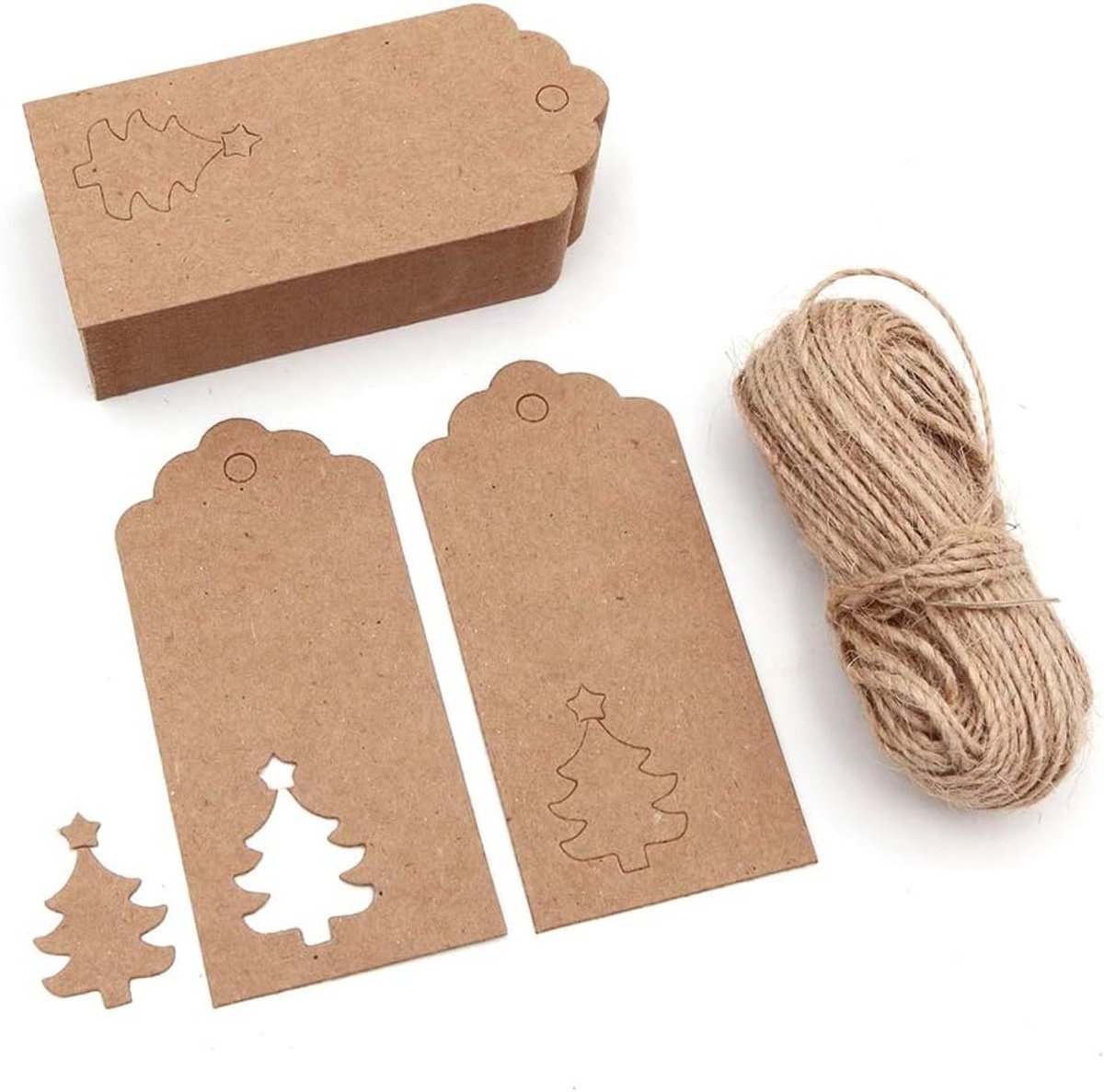 100 Stuks 9.5cm x 4.5cm Kerstboom Houten Labels met Jute Touw voor Creatieve Projecten, Cadeaukaarten en Prijslabels