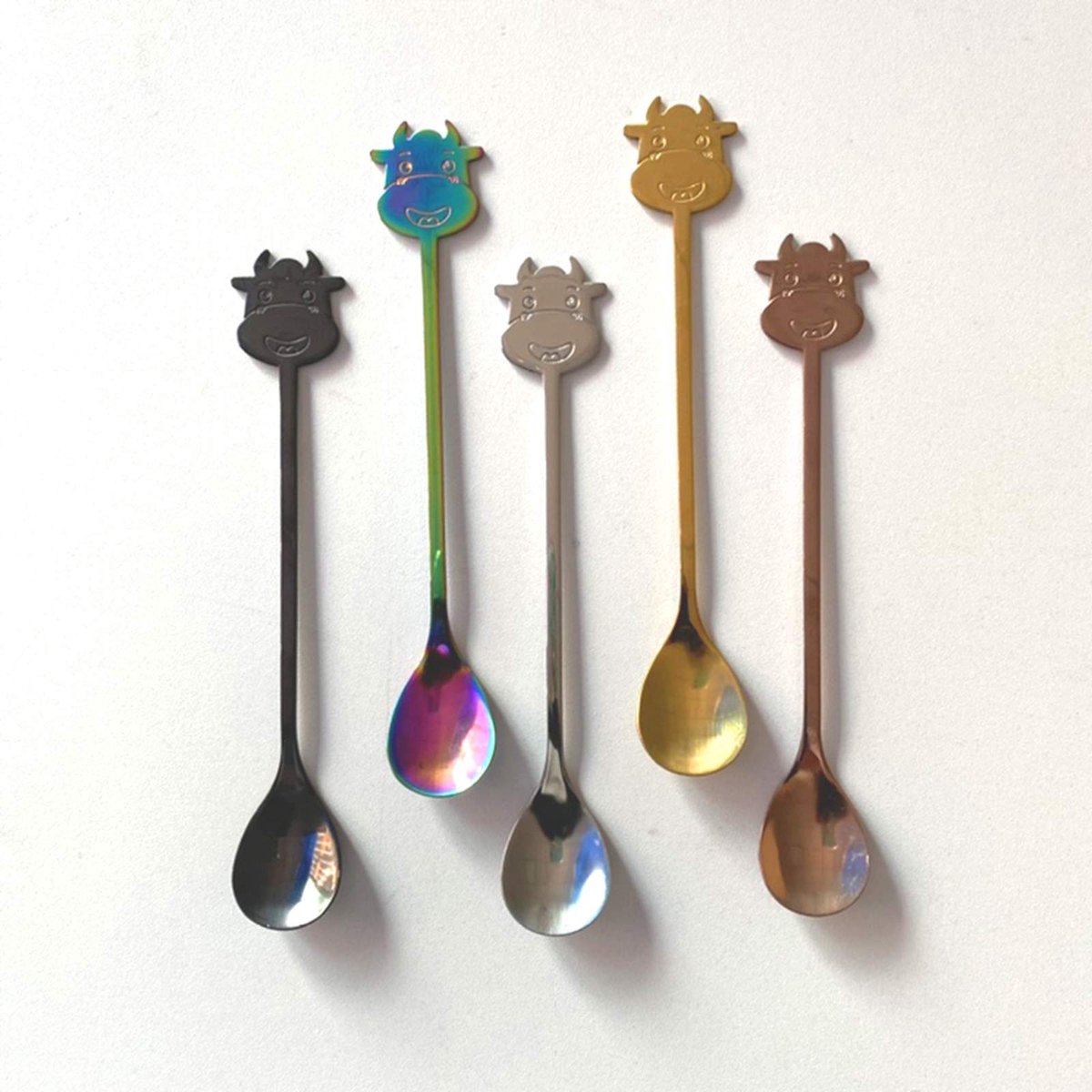 Dailygoods - Roestvrijstalen Koffielepel Set van 5 - Schattige Koeienontwerpen