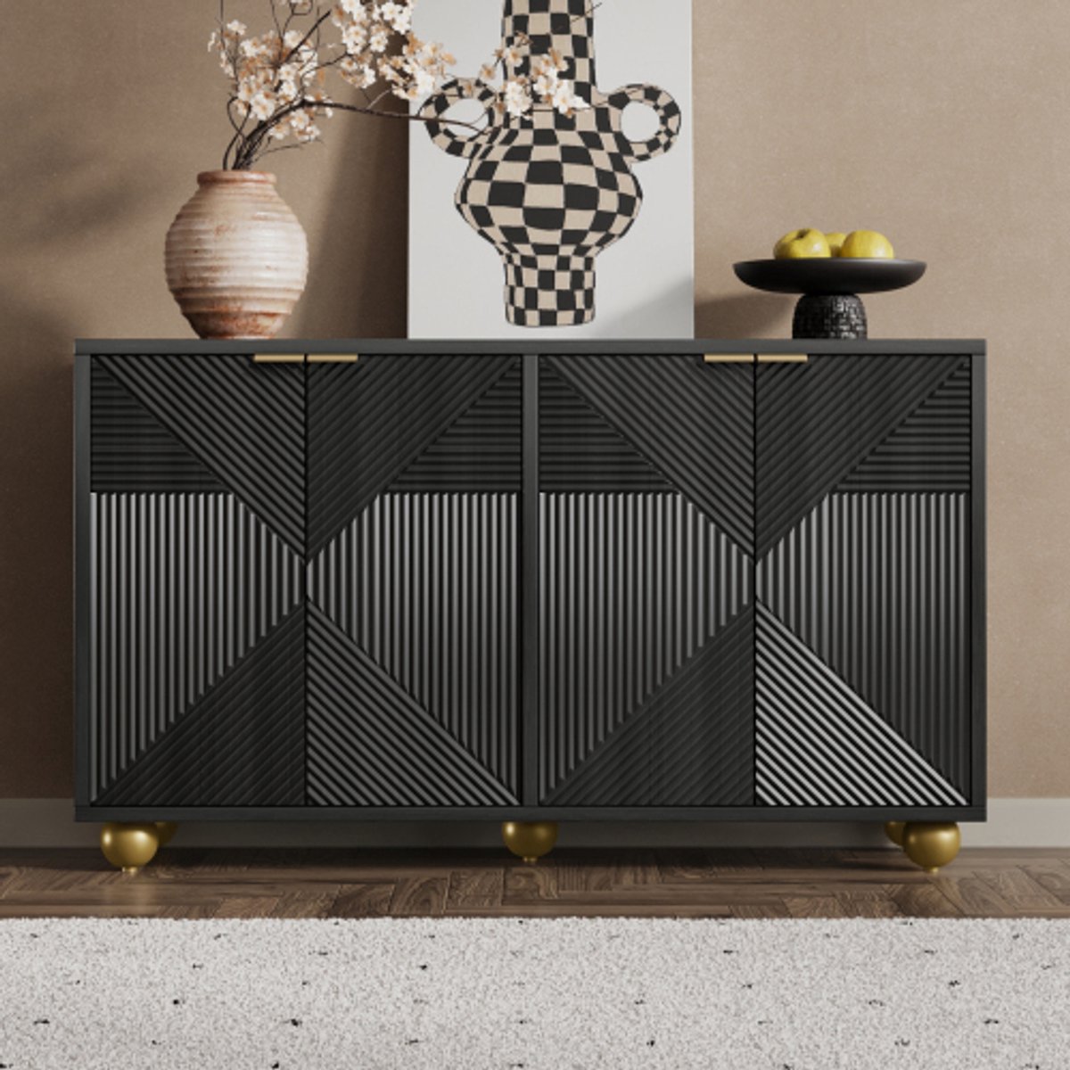 Lemlit Buffetkast 120 x 35 x 71,5 cm - Dressoir met 4 Reliëfdeuren en Verstelbare Planken - Gouden Handgrepen - Zwart
