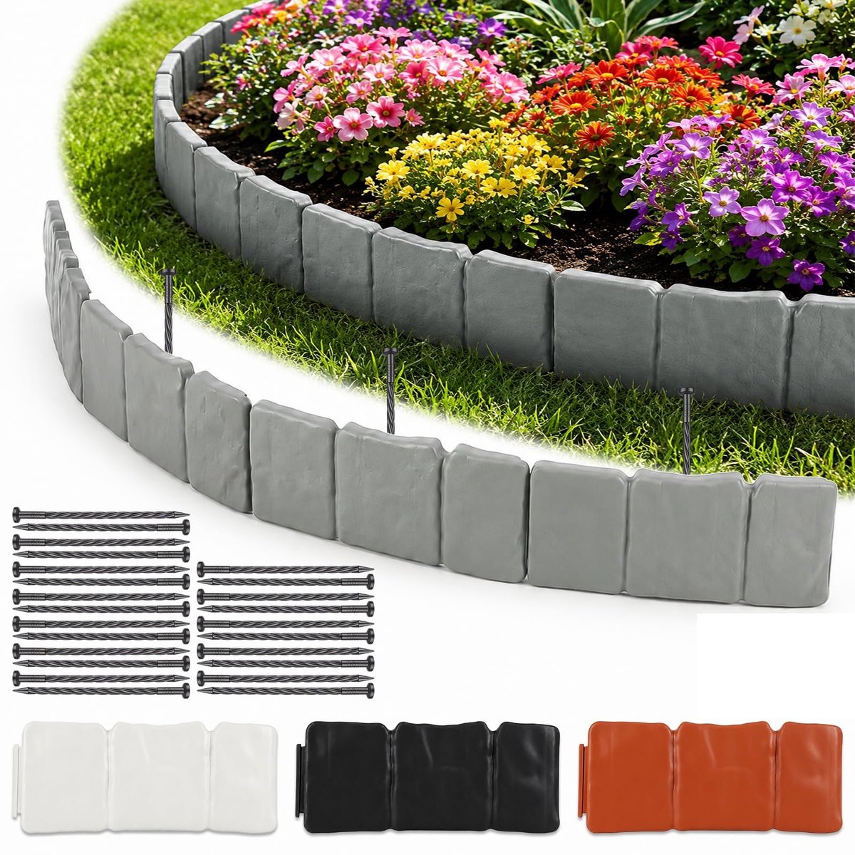 Dailygoods- Gazonrand kunststof steenlook 5 meter - Bloembedomranding - Flexibele maairand - Weerbestendig - UV-bestendig - 20 elementen met grondpennen - Tuinrand