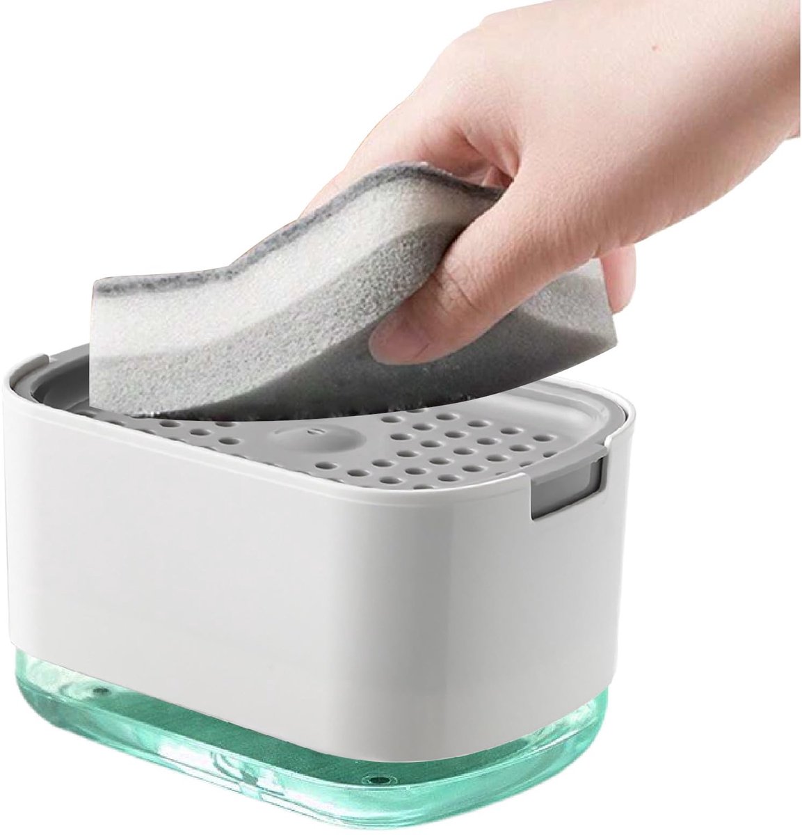 carmdering - 2-in-1 Zeepdispenser - Soap Press - Zeepdispenser met Spons - Zeeppompje Met Sponsbakje - Drukdispenser - Zeepdispenser - Zeeppompdispenser - Wit - Dispenser Voor Zeep Of Afwasmiddel - 1 stuk