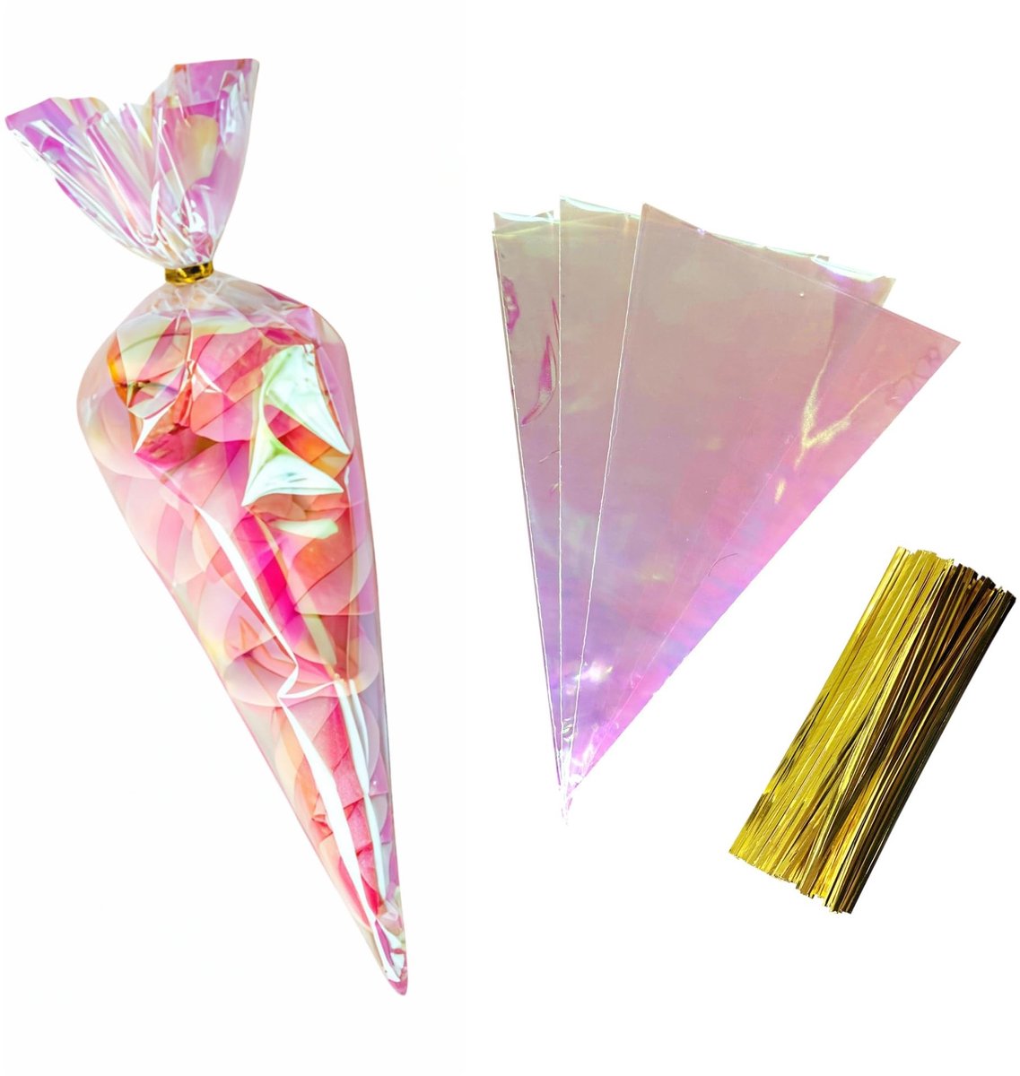 Dailygoods- Cadeauzakjes 50 stuks - Kegelvormige Holografische Cellofaan - Geschenken - Plastic Zakjes - 15,5 x 25,5 cm - Draaisluiting - Verpakkingszakjes