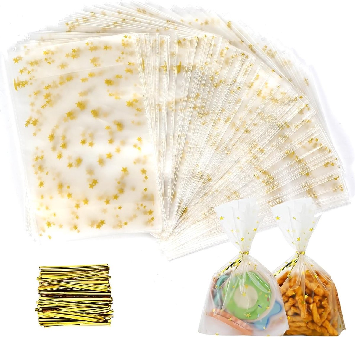 Set van 120 Gouden Sterren Bottom Bags 12 x 18 cm voor Kerst, Koekjes en Gebak met 120 Gouden Kabelbinders