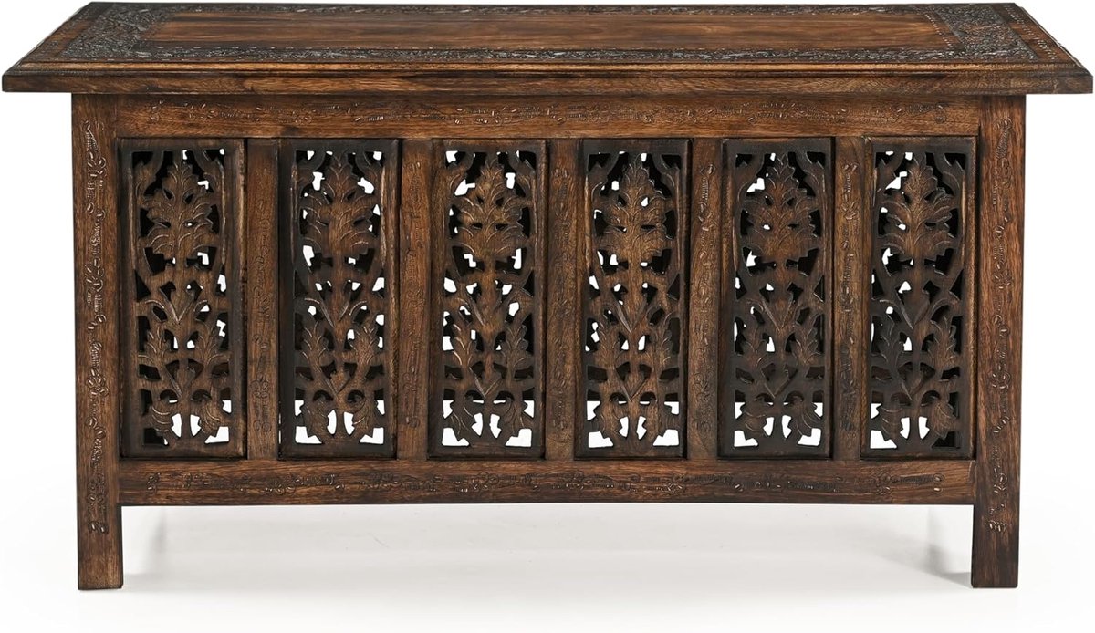 Salontafel Hout - Eettafel Bijzet - Woonkamer Decoratie - Handgesneden Details - 92x45x45 cm - Bruin
