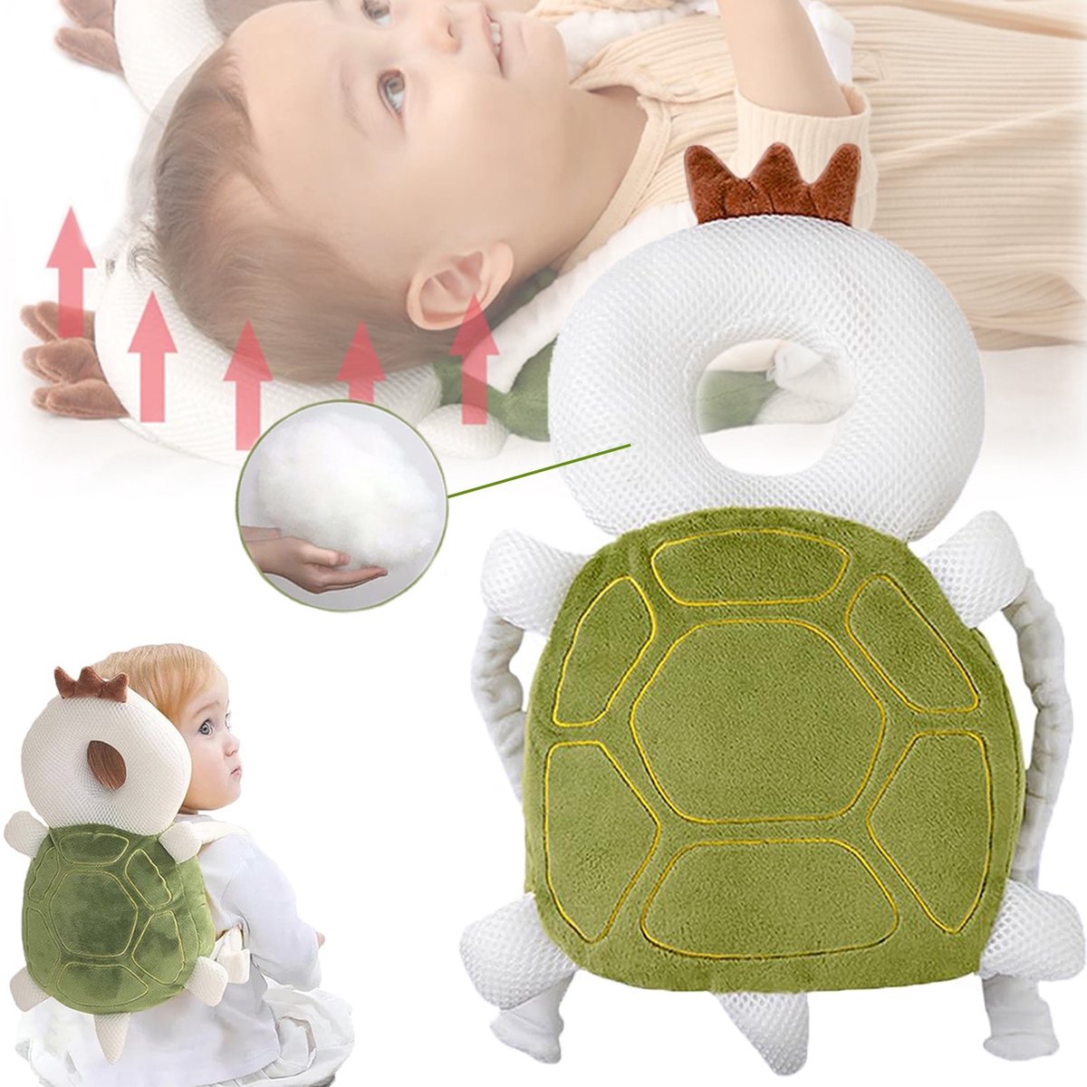 Baby hoofdbeschermer - Baby veiligheidskussen - TENZHVXI® - Groene schildpad - Verstelbaar - Ademend materiaal - Schokbestendig - Beschermt het hoofd bij vallen, helpt bij het leren lopen - Gemaakt van spons, zeer licht - 33x19 cm - 0-3 jaar