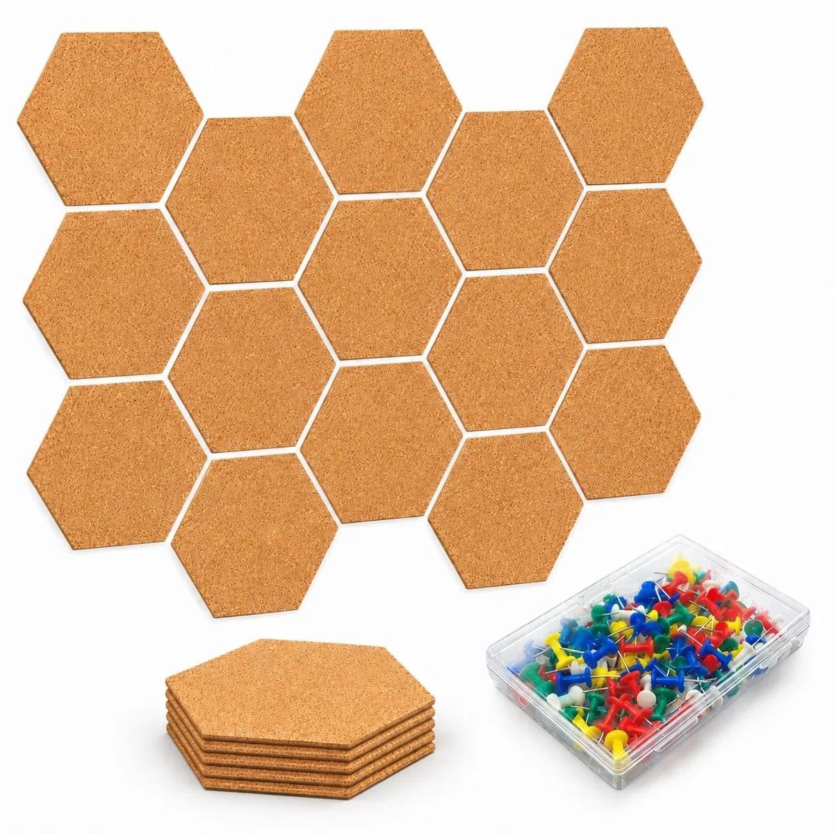 Dailygoods- Kurkwandpanelen 20 Stuks - Zeshoekige Prikborden - Zelfklevende Kurkborden - Miniatuurpunaises - Creatieve Decoratie - 100 × 86 × 3 mm - Prikbord