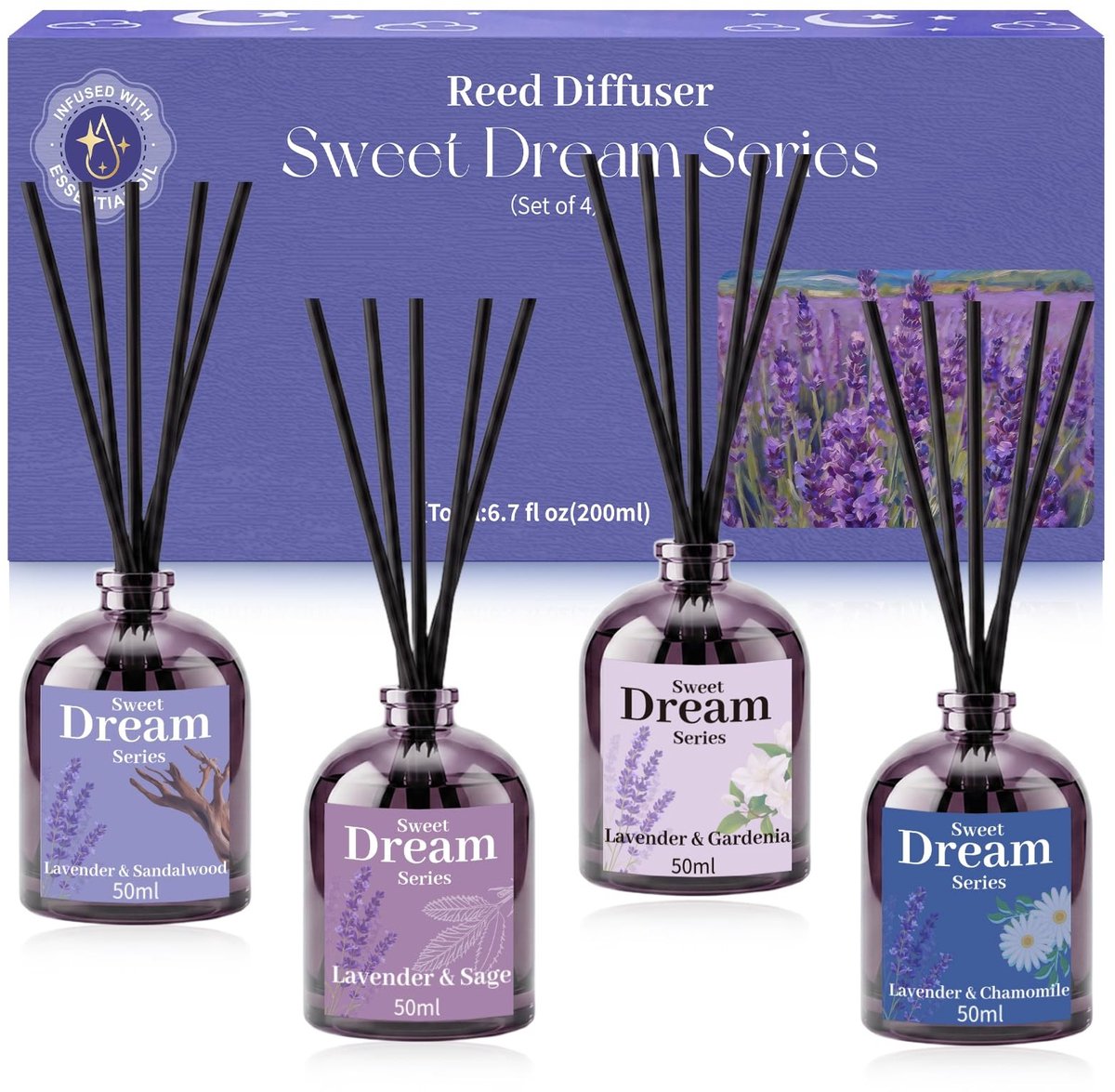Dailygoods- Geurstokjes Gardenia/Salie/Kamille/Sandelhout - Etherische Olijfolie - Rietdiffuser - 4 x 50 ml - Kamers/geur - Badkamer/kantoor - Geur Diffuser