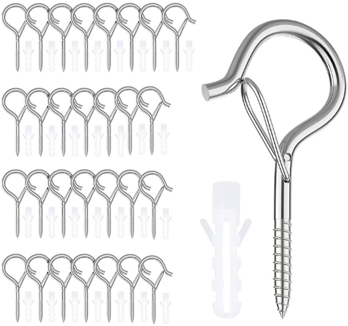 Dailygoods - Schroefhaken - 30 stuks - Veiligheids-Q-hanger - Zilverachtig - Roestvrij staal - Voor planten en vogelhuisjes - Voor binnen en buiten