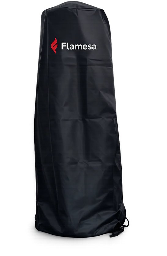 Zwarte, waterdichte beschermhoes voor een staande terraskachel met Flamesa logo.