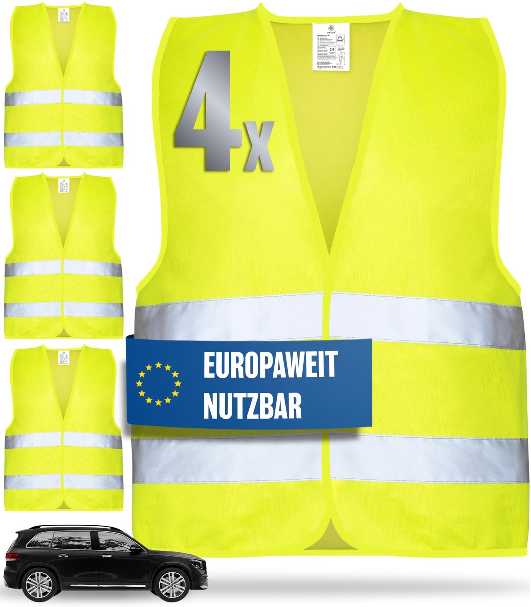 Dailygoods- Waarschuwingsvest Set van 4 Stuks - Veiligheidsvest Geel - Reflecterend - EN ISO 20471 - 360° Reflectoren - Duurzaam Draagcomfort