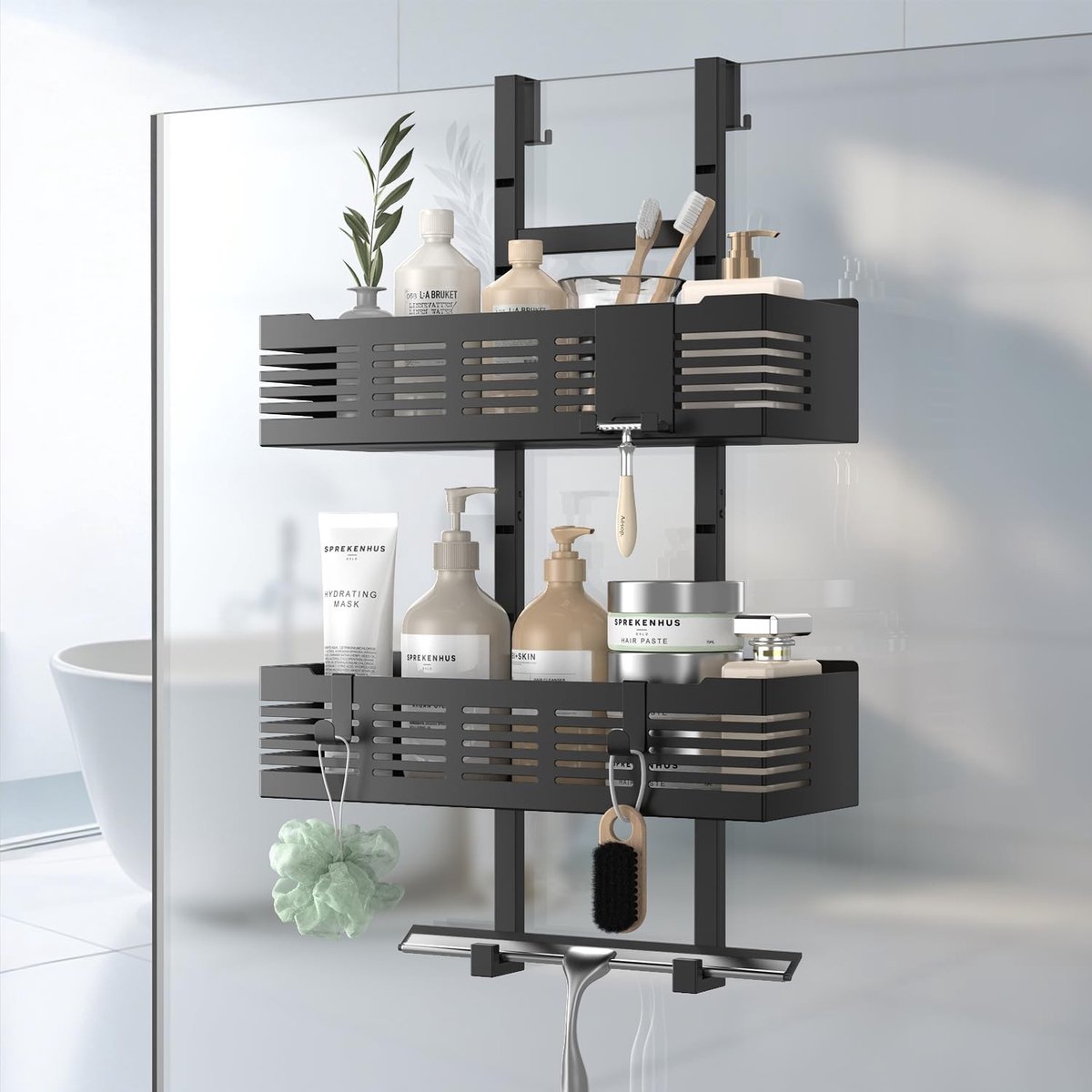 Dailygoods- Doucheplank zonder boren - Zwart - Hangend - Verstelbaar ontwerp - 3 haken - Voor glazen douchedeuren - Doucherek
