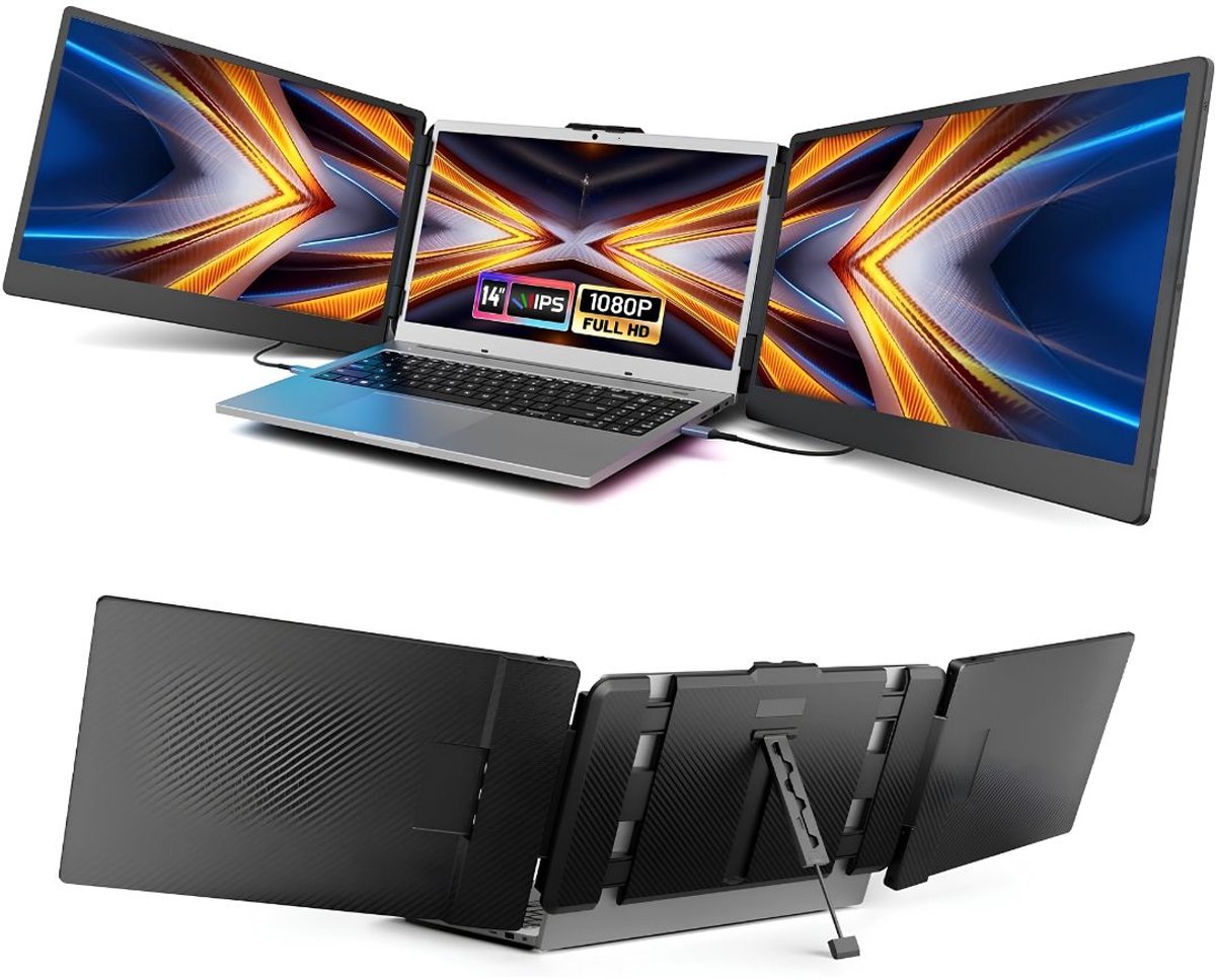 KAD® Portable Monitor - 14 inch Drievoudig Scherm - Full HD Portable Display voor MacBook & Windows - Zwart - 35cm x 21cm x 4cm