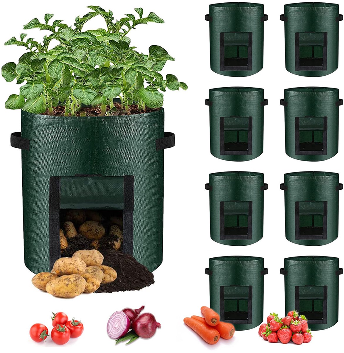 Plantzakken voor aardappelen - Geschikt voor aardappelen, groenten en planten – 35 x 30 cm - Materiaal: PE - Inhoud: 7 gallons (ca. 26 liter) - Breedte: 30 cm - Hoogte: 35 cm – Verpakking van 8 stuks