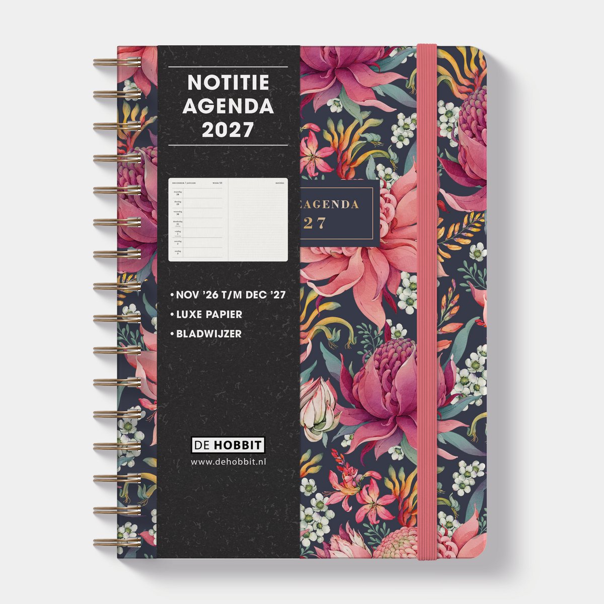 Hobbit - Notitieagenda 2027 - 1 week op 2 pagina's - Agenda met notitie ruimte - Harde Kaft - Agenda A5 - Tropische Bloemen