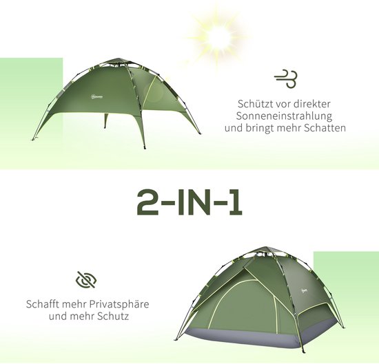 YYCHAN-Tent-Kampeertent Voor 2 Personen-Geschikt Voor 2 Volwassenen + 1 Kind-Waterdicht-Gratis Draagtas-Automatische Koepeltent-210x210x140cm-Groen — afbeelding 4