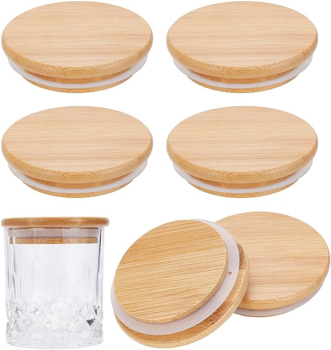 6 Stuks Bamboe Deksel voor Mason Jars, 85mm Cirkelvormige Flessendeksels met Siliconen Seal, Herbruikbare Deksel voor Brede Mond Mason Jars, Perfect voor Inmaken en Opslag