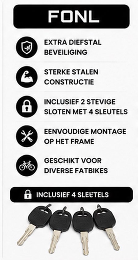 Iconen en tekst die "FONL" accu-slot functies beschrijven, met vier sleutels.