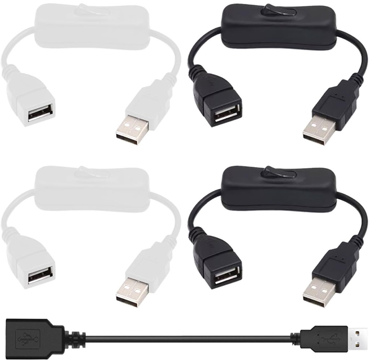 4 Stuks USB 2.0 Male naar Female Kabel met Aan/Uit Schakelaar, 30 cm Lange USB Inline Rocker Schakelaar voor Camera, Ventilator en LED Strip met USB Verlengkabel