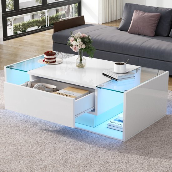 DESMIU Table basse - Brillant Avec Éclairage LED Et Tiroir - Pour Salon Et Intérieur - Panneau de particules Et Verre Trempé - Blanc - 100x50x31 Cm