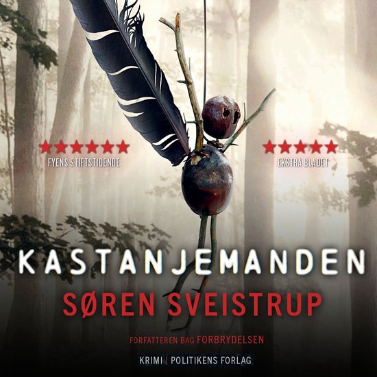 Boekomslag met de titel 'Kastanjemanden', met een kastanjepoppetje met veren en takken in een bosrijke omgeving.
