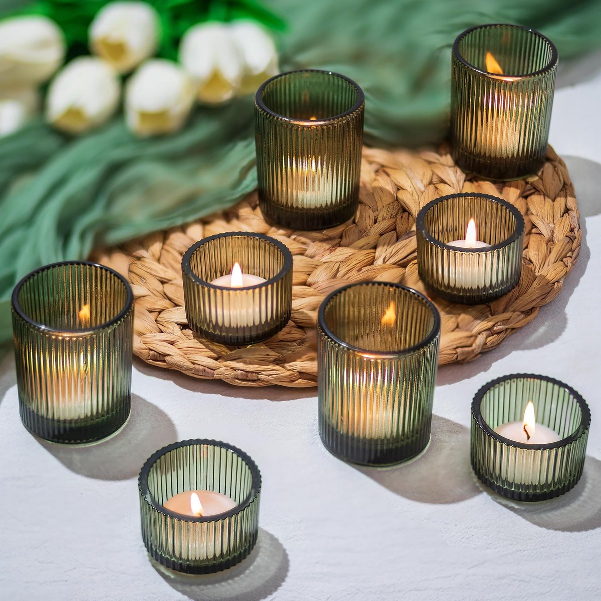 Dailygoods- Theelichthouder Set Van 8 - Geribbelde Kaarsenhouders - Decoratief Voor Tafeldecoratie - Geschikt Voor Feesten - Stevig Glas - Vintage Ontwerp - Kaarsenhouder
