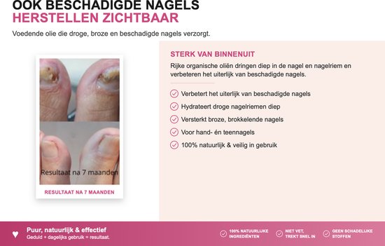 Twee afbeeldingen van beschadigde teennagels 'voor' en 'na' 7 maanden behandeling.