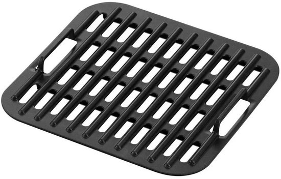 Zwart, grillrooster met rechthoekige vorm en handgrepen aan de zijkanten.