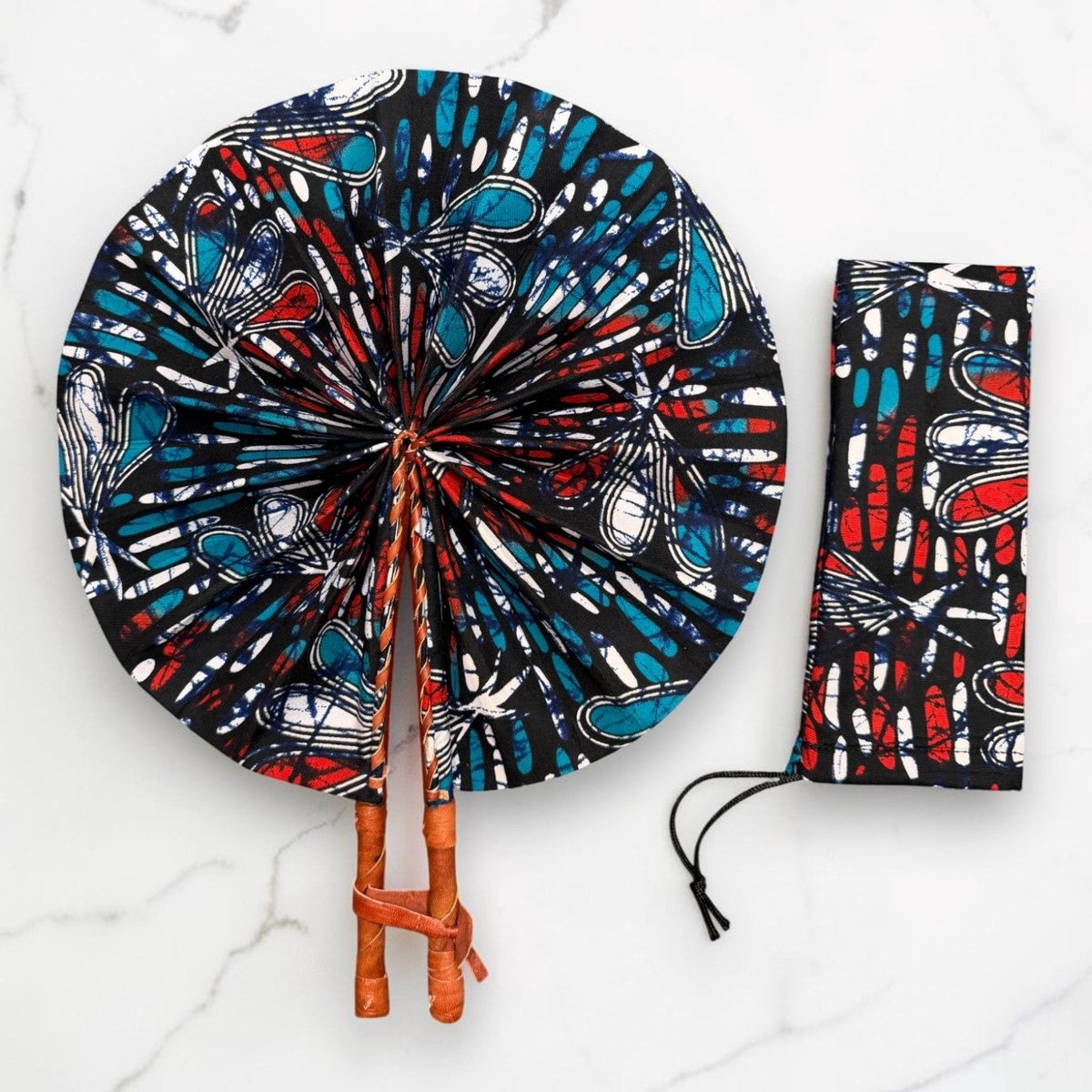 Afrikaanse handwaaier - Ankara print waaier - Blauw Rood Quartey — afbeelding 5