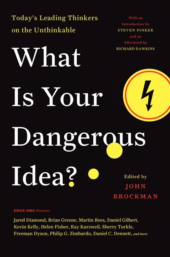Boekcover 'What Is Your Dangerous Idea?' met tekst en gele cirkels met bliksemschicht.