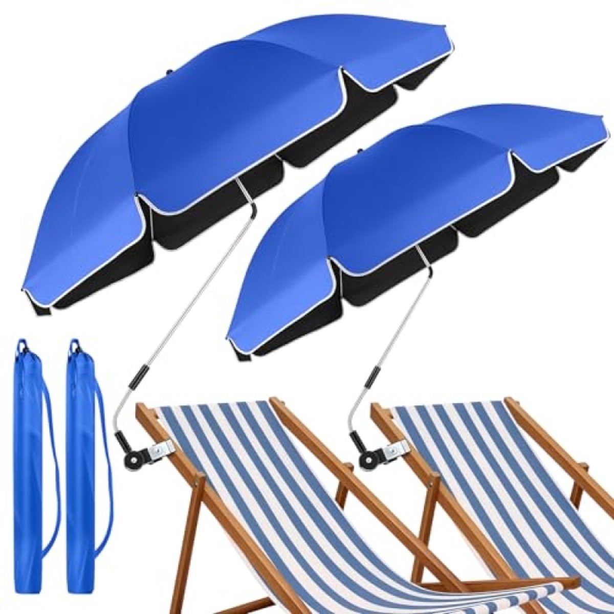 ModernStore Set van 2 strandparasols met klem, UPF 50+ 360° verstelbare zonwering voor strandstoel, draagbare clip-on parasol voor campingstoel, rolstoel, golfkar, terras, festival (geen stoel), Rok Stijl Blauw