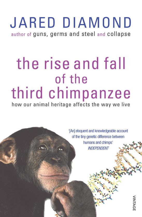 Boek met op de voorgrond een chimpansee en DNA-strengen. Titel: The rise and fall of the third chimpanzee.