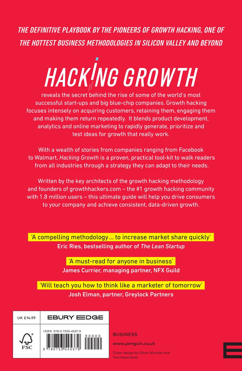 Boek "Hacking Growth" met rode achtergrond. Met citaten van Eric Ries, James Currier en Josh Elman.