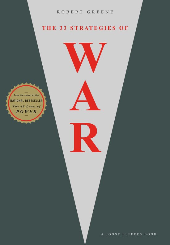 Boek 'The 33 Strategies of War' van Robert Greene. De titel 'WAR' is in rode letters op een witte baan, omlijst door donkergrijs.