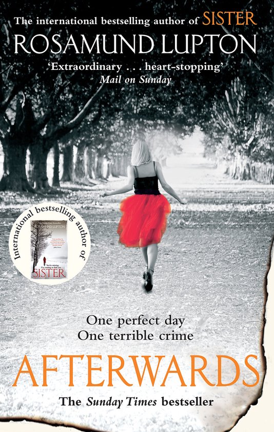 Boek 'Afterwards' van Rosamund Lupton, met een vrouw in rode rok die wegloopt.