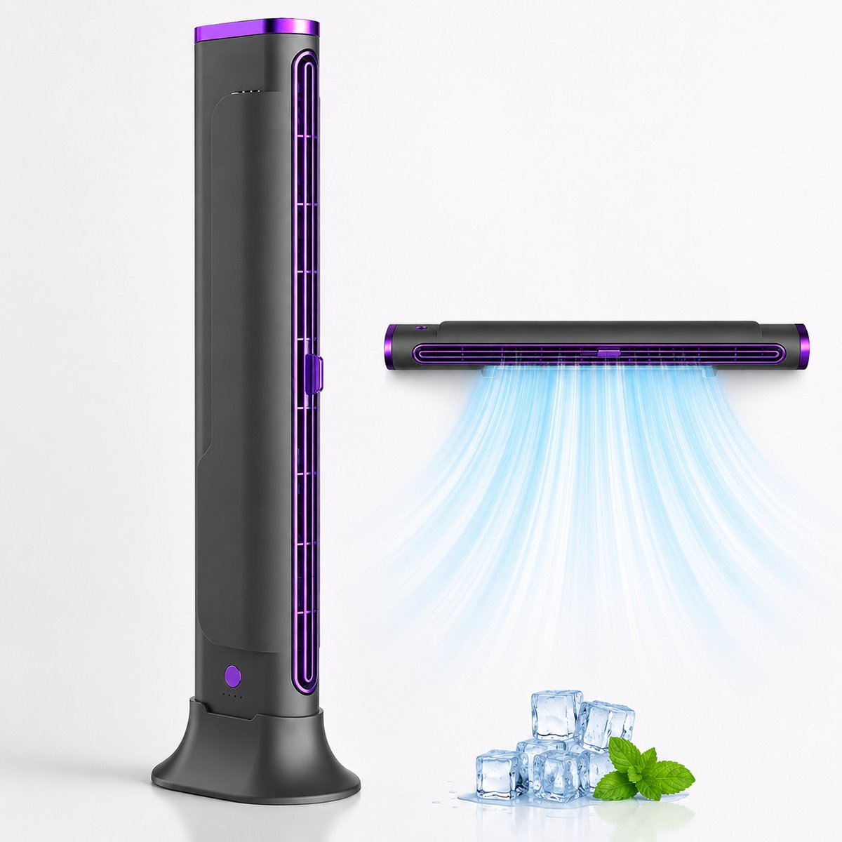 VHV - Torenventilator - Bladloos - Tafelventilator - Ventilatoren - Ventilator staand - Bureauventilator - Bladloze ventilator - Mini airco - Oplaadbaar - USB - Stil - Voor onder monitor en kantoor - Draadloos - 1200 mAh - 37*10.8*6.8CM - Grijs-paars – foto 2