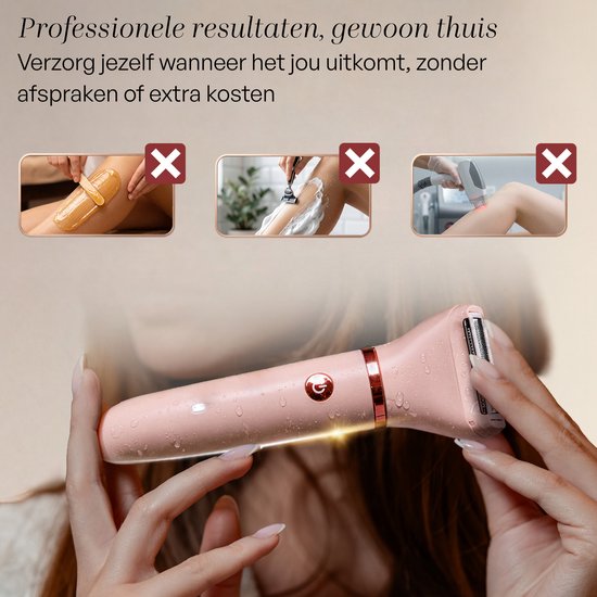 Roze ladyshave met gouden accenten, vastgehouden door handen. Links afbeeldingen van waxen, scheren en laserontharing met rode kruizen.