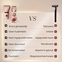 Vergelijkingstabel van de Sansbeauté ladyshave met een traditioneel scheermes. De ladyshave is veelzijdig, pijnloos en duurzaam.