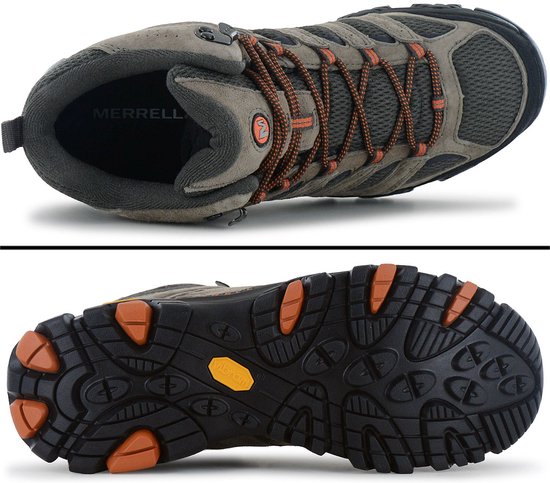 Bovenaanzicht van Merrell Moab 3 wandelschoen en zijaanzicht van de zwarte profielzool met oranje Vibram-elementen.