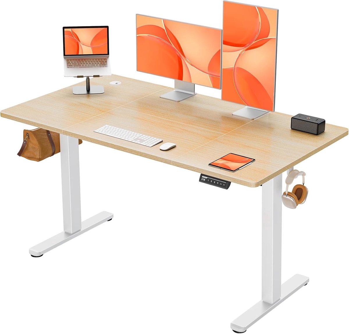 Elektrisch zit-sta bureau 140x70 cm verstelbaar met geheugenfunctie, ergonomisch gaming bureau met stille motor, kabelmanagement & haken – moderne werkplek licht hout wit – Mobili Bella