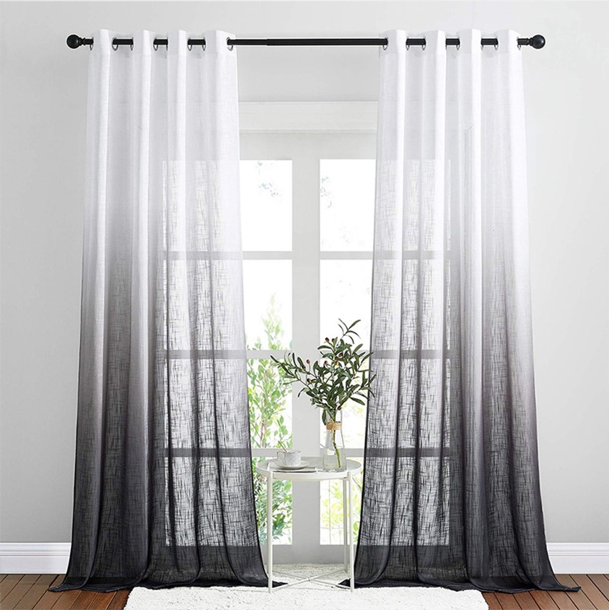 transparante gordijnen - Vitrage Gordijnen Linnen Look met Kleurverloop - Grijs - Lichtdoorlatend - B 132 x H 213 cm - 2 Stuks - Slaapkamer & Woonkamer