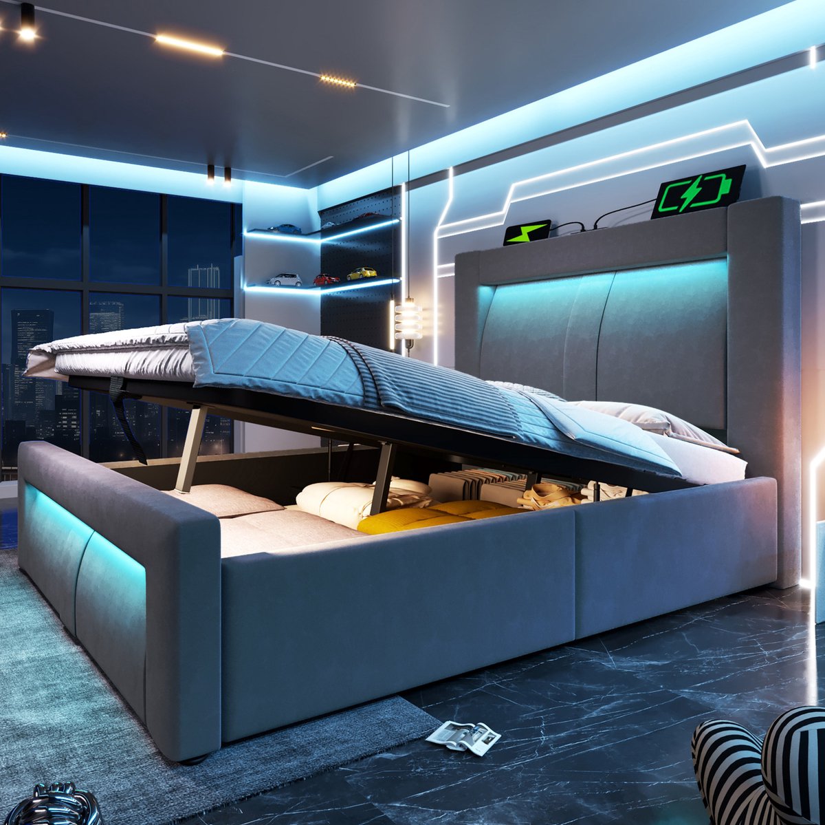 MEUNIQ eenpersoons bed 90x200 cm met opbergruimte, hydraulisch bed met LED-verlichting, USB en Type-C, fluwelen bedframe voor slaapkamer, grijs