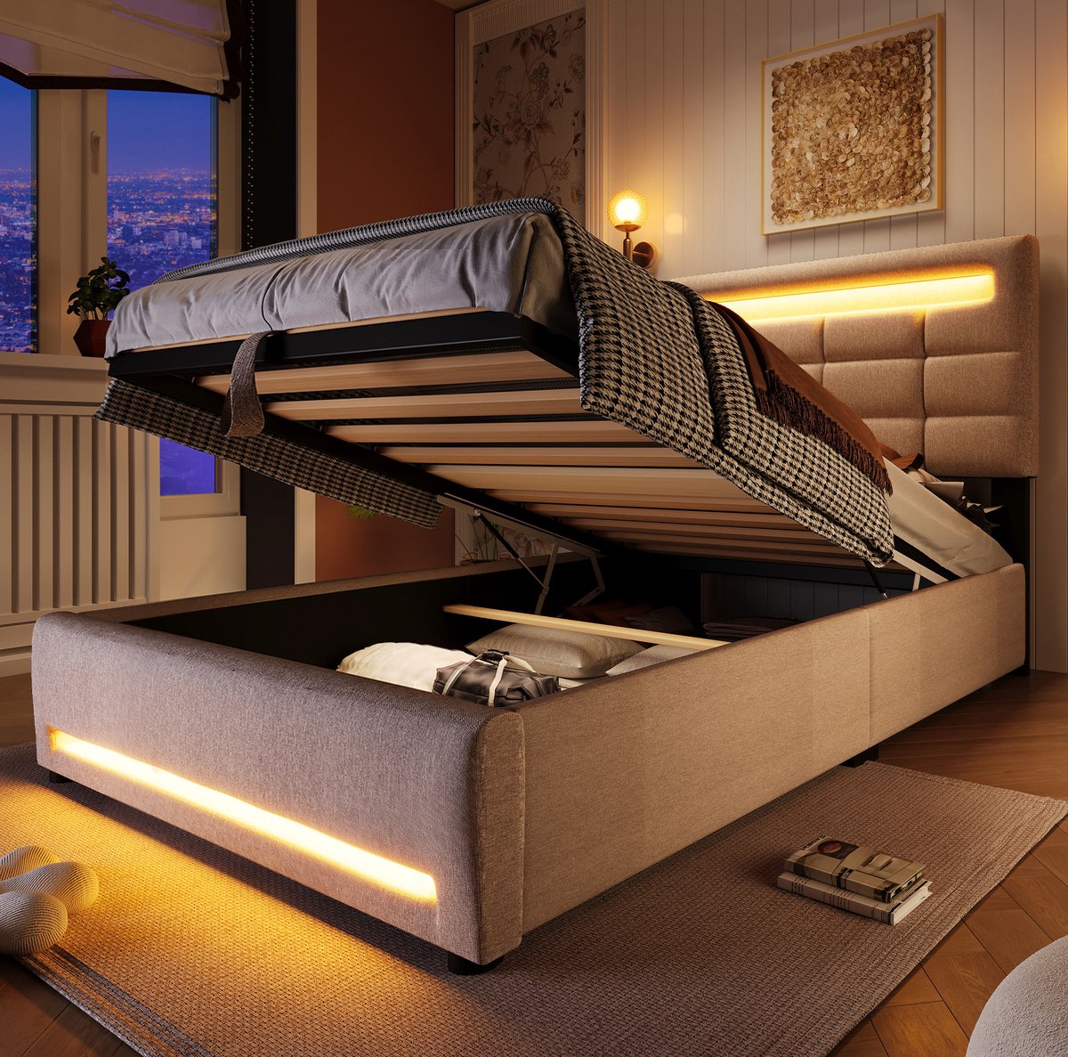 MEUNIQ gestoffeerd bed 90 x 200 cm met hydraulische opbergruimte, LED-verlichting met app-