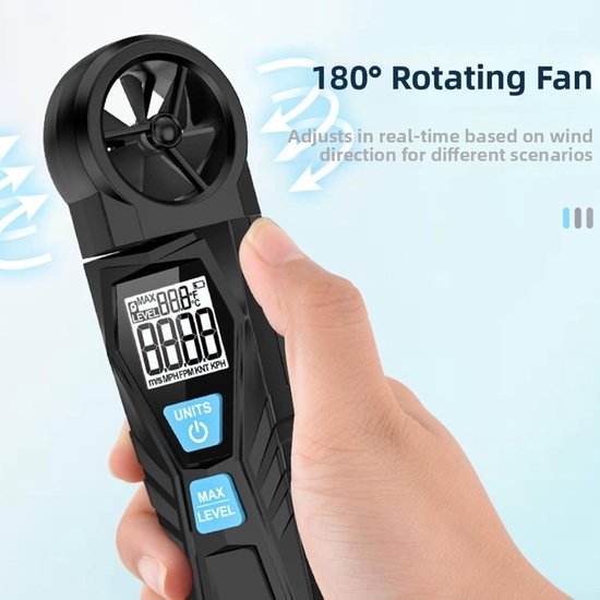 Digitale Anemometer - Windmeter Luchtstroommeter - Luchtstroom Meten - 180° Draaibaar Vleugelwiel - 0.8-108 km/u - Zwart — afbeelding 5