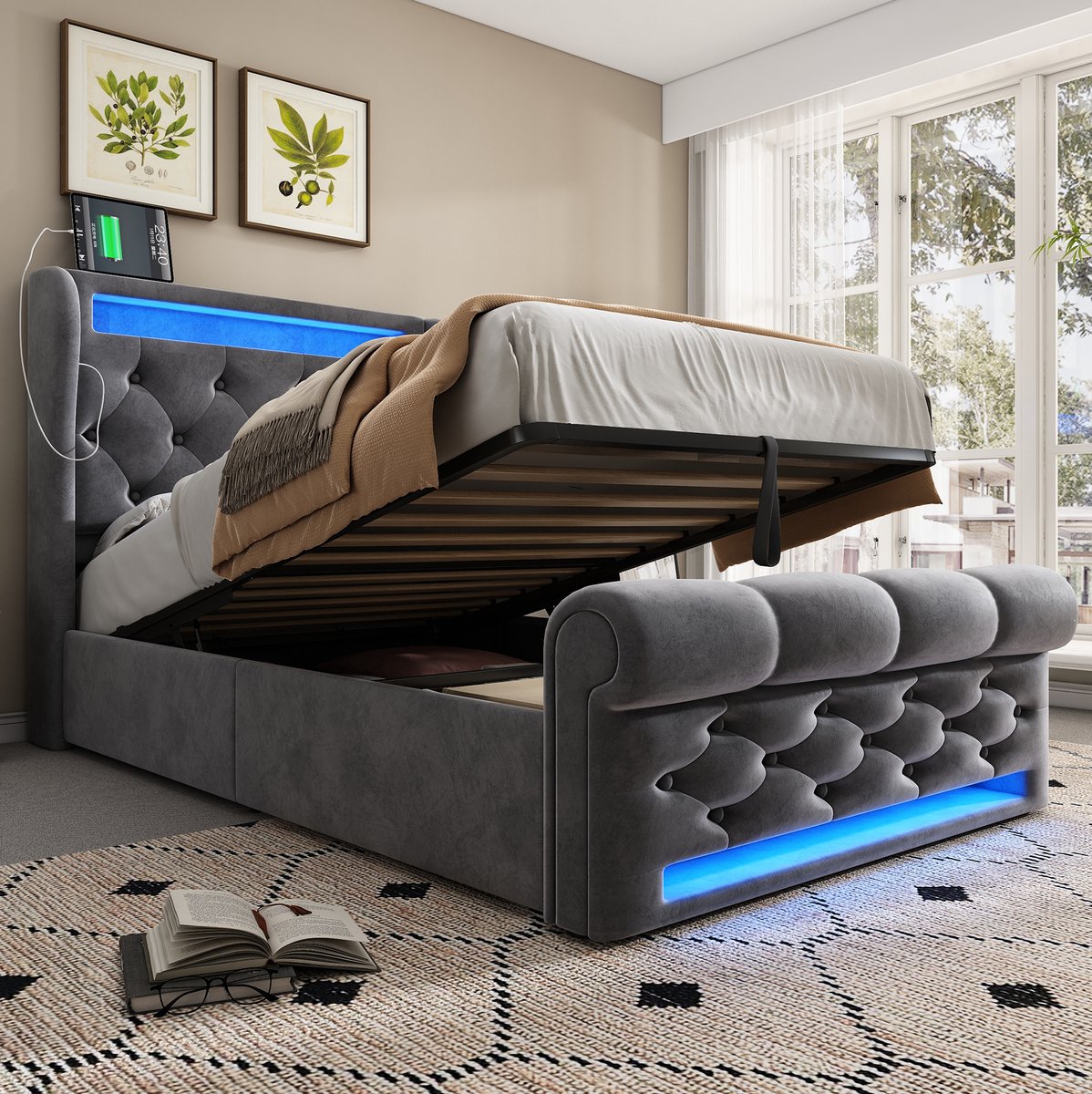 MEUNIQ eenpersoons bed 90x200 cm met LED-verlichting, hydraulische opbergruimte, USB en Type-C, gestoffeerd bedframe van stof voor slaapkamer, grijs