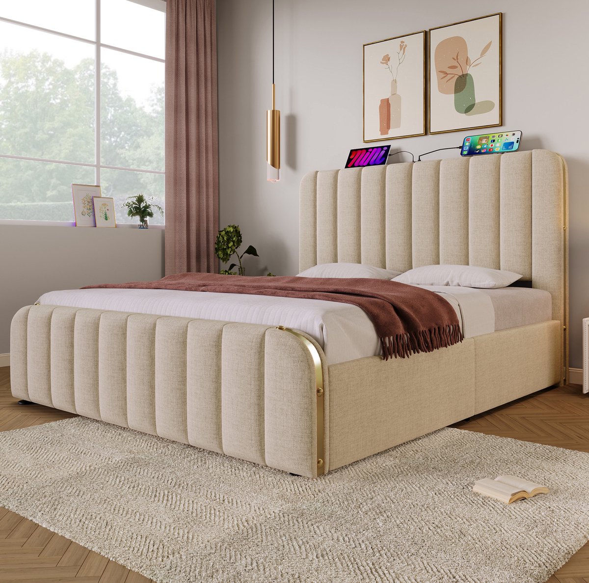 MEUNIQ tweepersoonsbed 160x200 cm met hydraulische opbergruimte, USB en Type-C in hoofdbord, lattenbodem, bedframe voor slaapkamer, beige stof